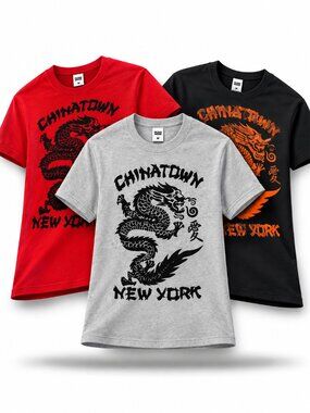 Pack of 3 Men's Chinatown New York Dragon Graphic T-Shirts Crew Neck S-XL
